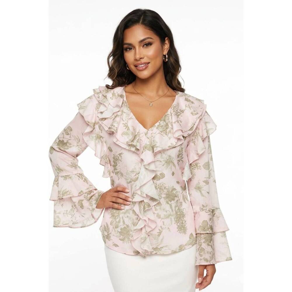 NEW HESTER & ORCHARD romantic floral ruffle v-neck blouse in pink